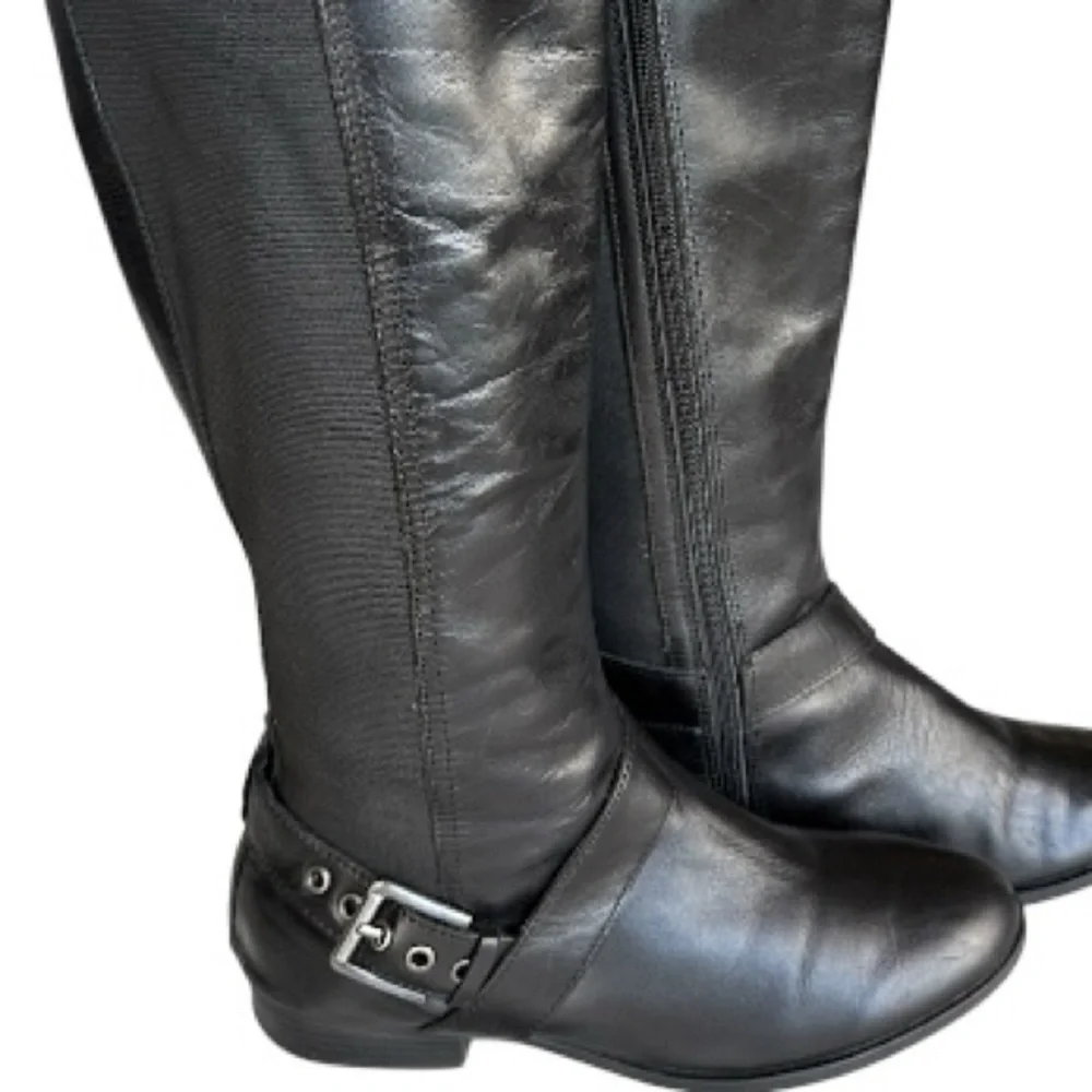 Liz Claiborne Black Leather Nicole Buckle Knee-High Riding Boots Stretch Sz 8.5M
